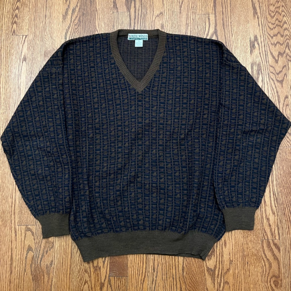 Vintage Traders North Winds V Neck Wool Blend Brown Cosby Print Sweater XL